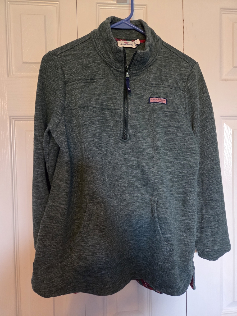 Vineyard Vines Heathered Green Pullover with Red Plaid Contrast